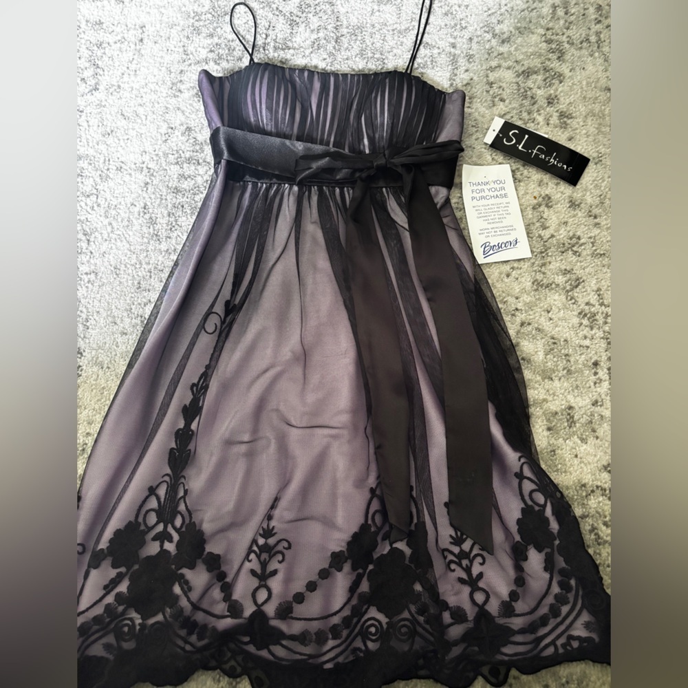 NWT S.L. Fashions Y2k Vintage Gothic Mesh Cocktail Dress Black Lilac Size: 6